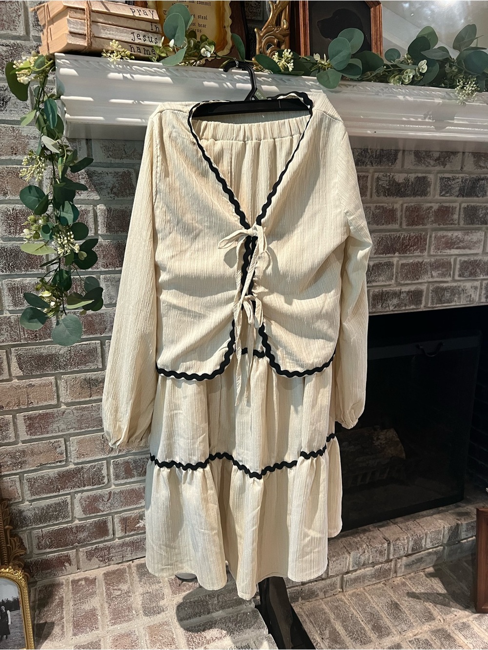 Cream Peasant Dress with Black Rickrack Trim